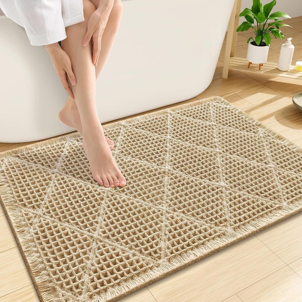 Smiry Waffle Bath Mat 30x20 Brown Non Slip Absorbent Machine Washable Rug